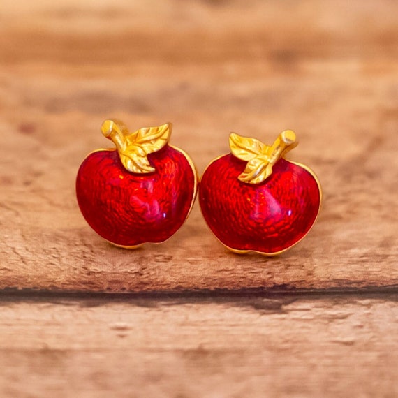 Vintage Red Apple Dainty Gold Tone Stud Earrings … - image 1