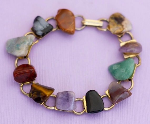 Vintage Art Deco Multicolored Stones Metal Bracel… - image 2