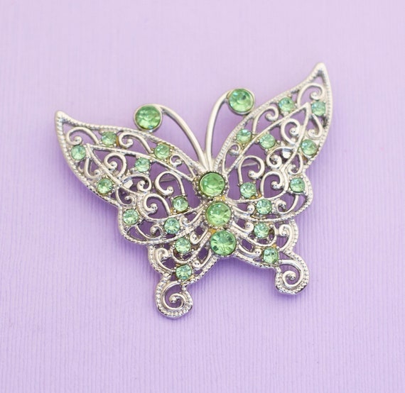 Vintage Art Nouveau Butterfly Green Rhinestones B… - image 1