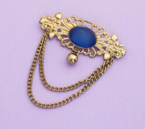 Vintage Victorian Blue Stone Gold Tone Brooch - A… - image 1