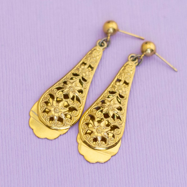 Vintage Long Oval Intricate Art Nouveau Gold Tone Dangle Earrings - AB13