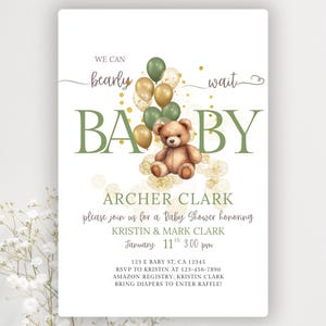 Editable Teddy Bear Baby Shower Invitation, We Can Bearly Wait Baby Shower Invite, Sage Green Bear Baby Shower