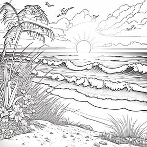 Beach scene coloring pages bundle #2, PNG digital download pages, Beach, Sunset, Sailboat, black and white coloring pages