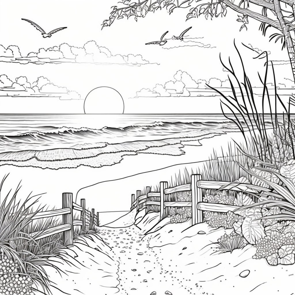 Beach Scene Coloring Pages Bundle 2, PNG Digital Download Pages, Beach