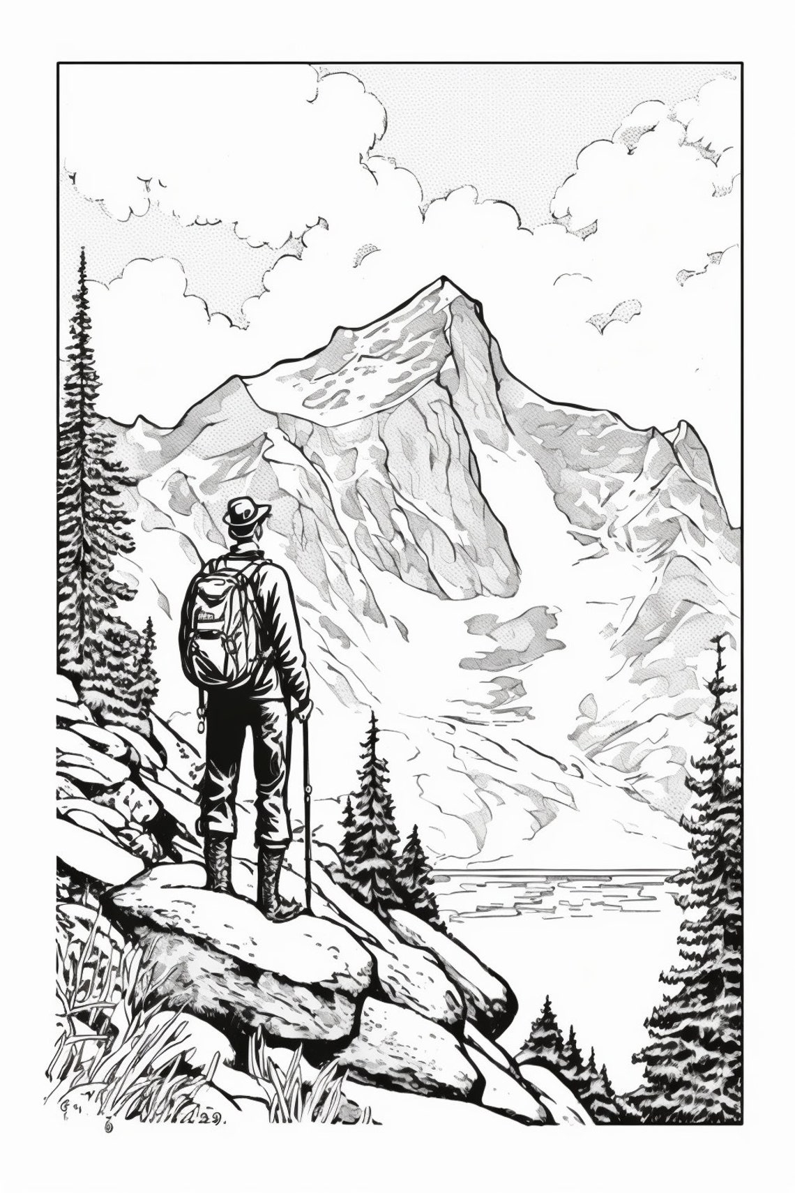 Coloring Pages, Mountain Scenes, Black and White for Coloring, Digital ...