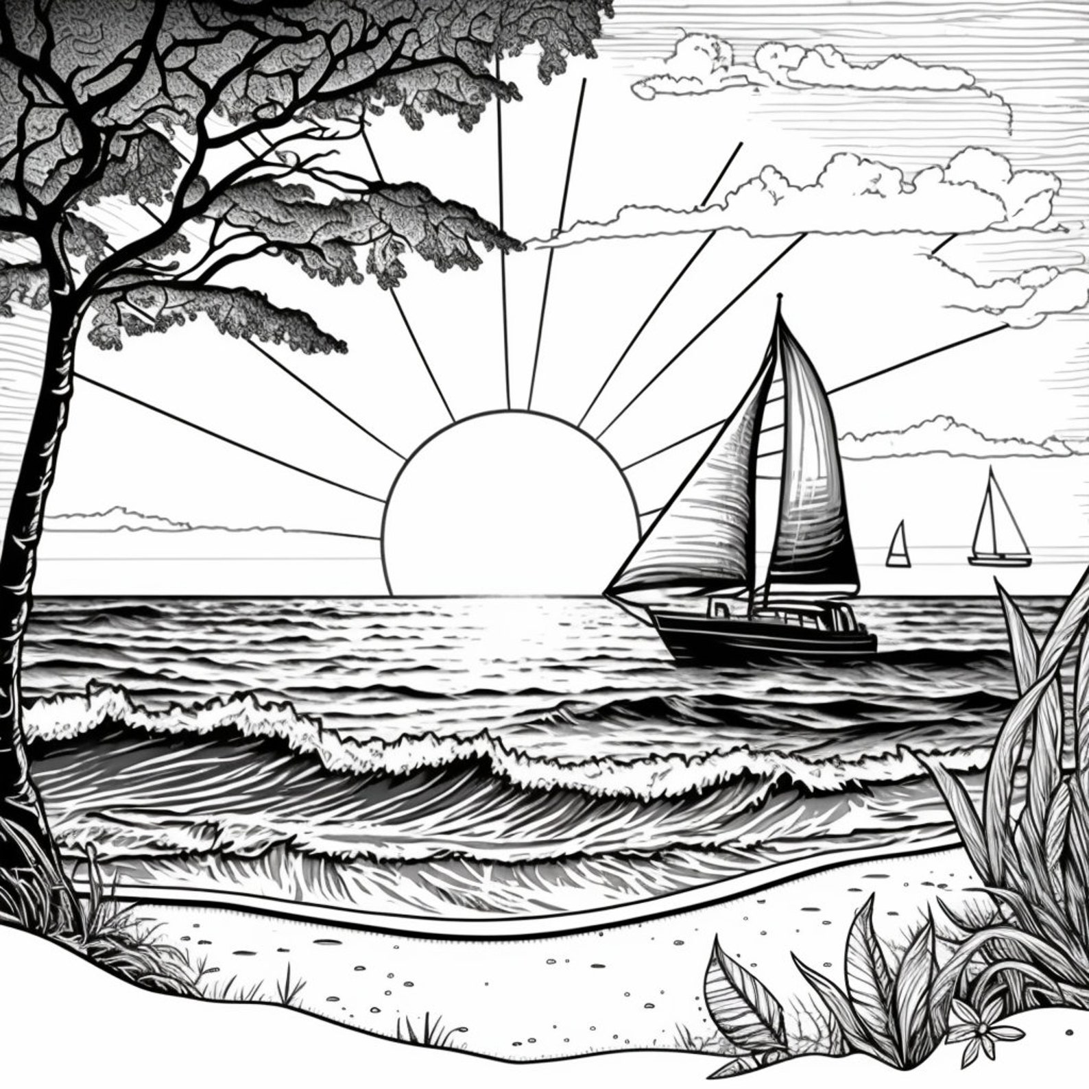 Beach Scene Coloring Pages Bundle #1, PNG Digital Download Pages, Beach ...