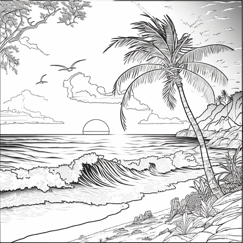 Beach Scene Coloring Pages Bundle #1, PNG Digital Download Pages, Beach ...