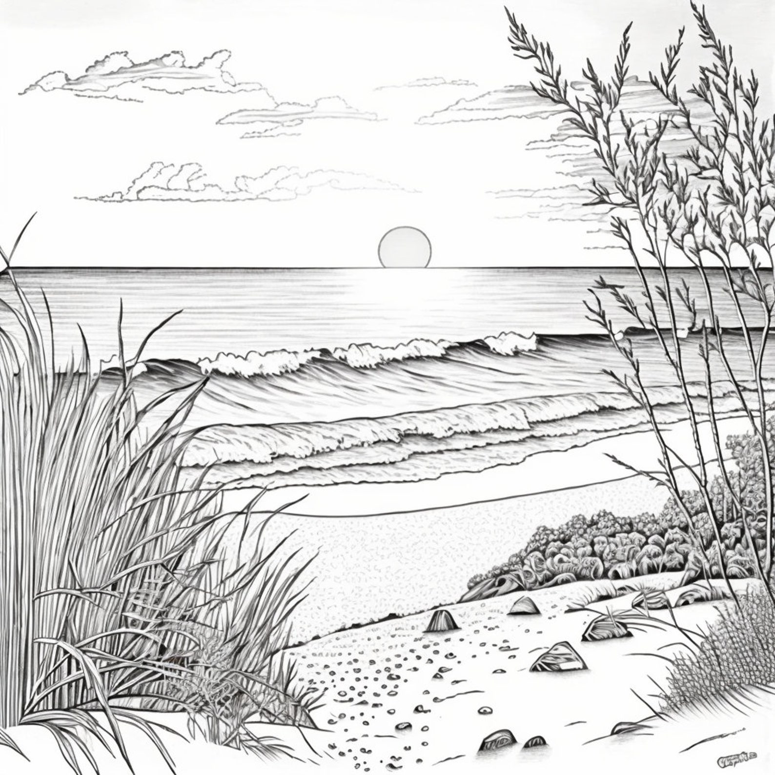 Beach Scene Coloring Pages Bundle 2, PNG Digital Download Pages, Beach