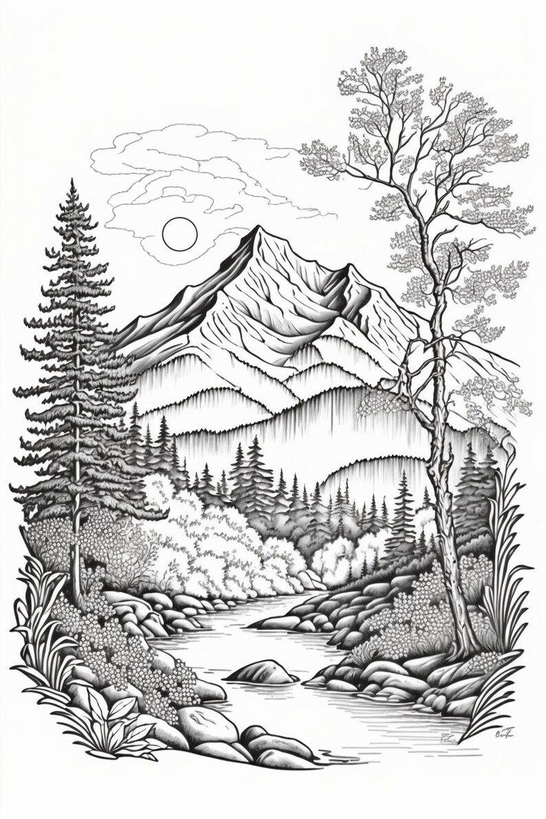 Coloring Pages, Mountain Scenes, Black and White for Coloring, Digital ...