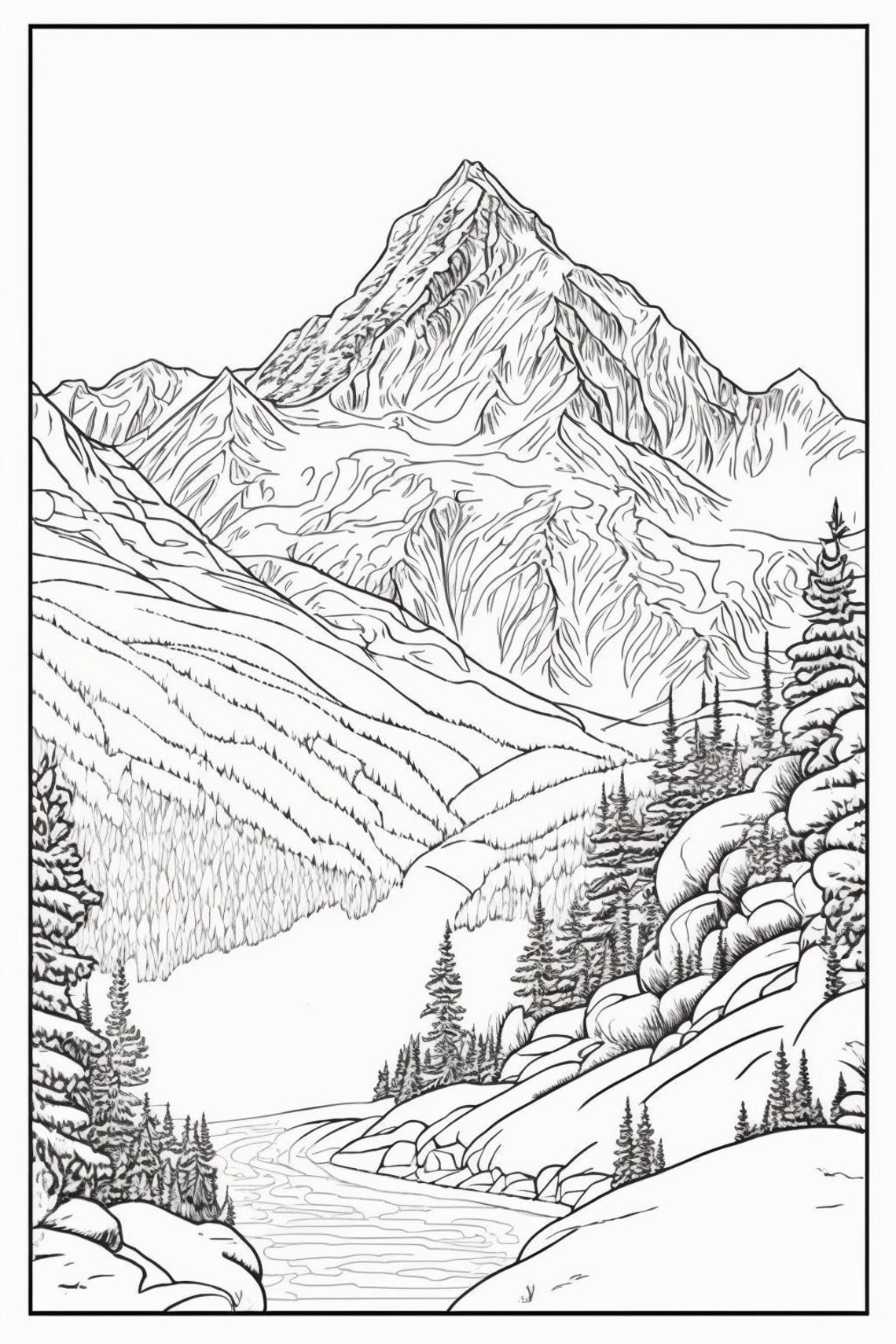 Coloring Pages, Mountain Scenes, Black and White for Coloring, Digital ...