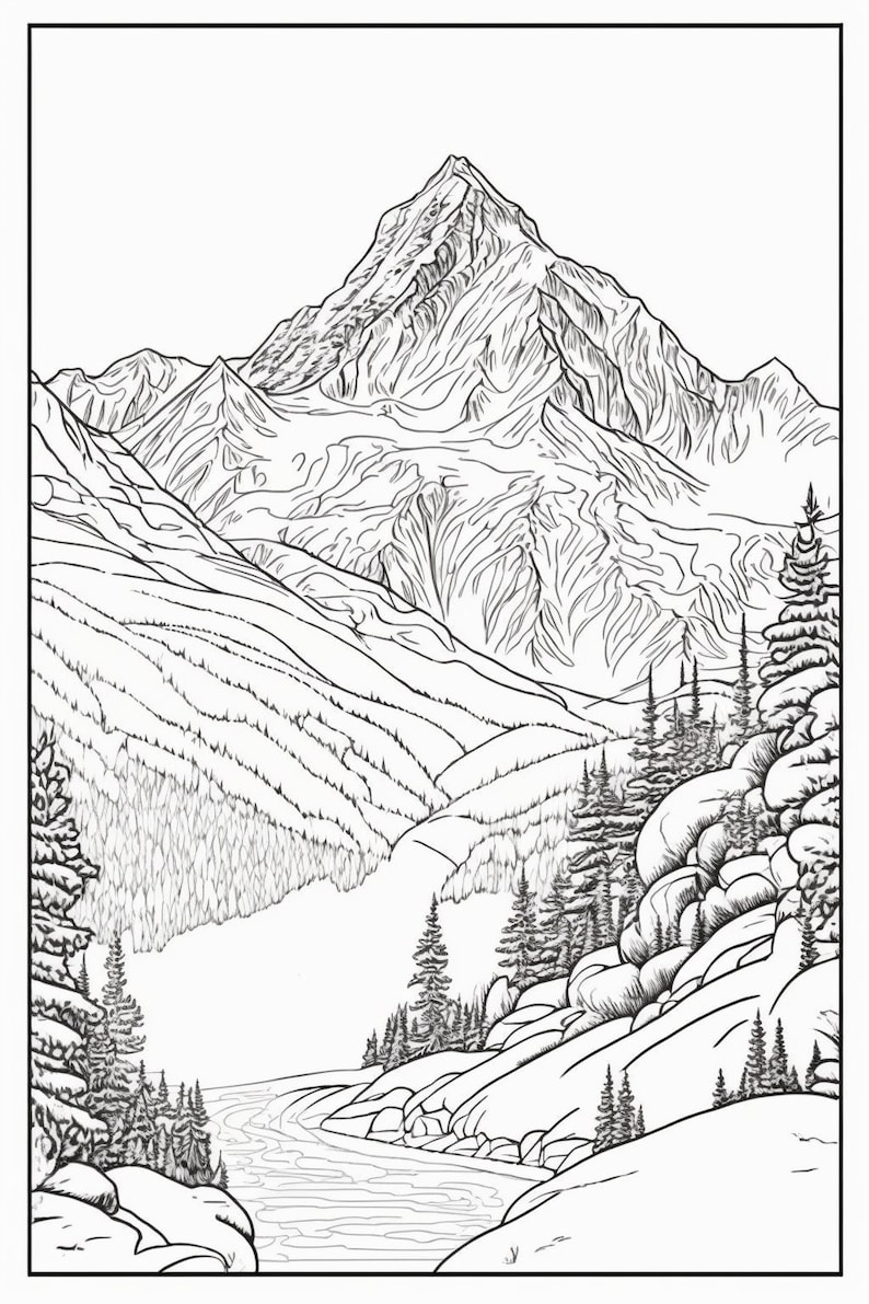 Coloring Pages, Mountain Scenes, Black and White for Coloring, Digital