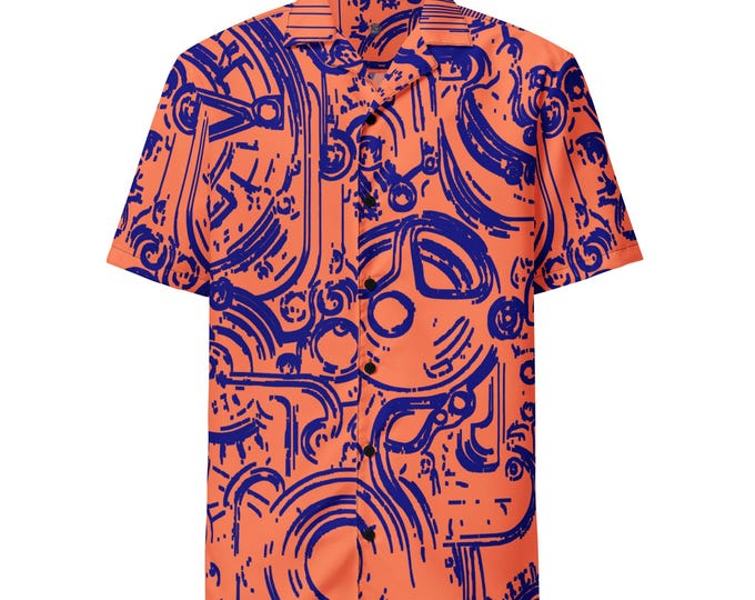 Funky Tiger® Sketches MechTech Edition – Short Sleeve Button Down Hawaiian Shirt with Gears & Wheels | Comfort on any Occasion