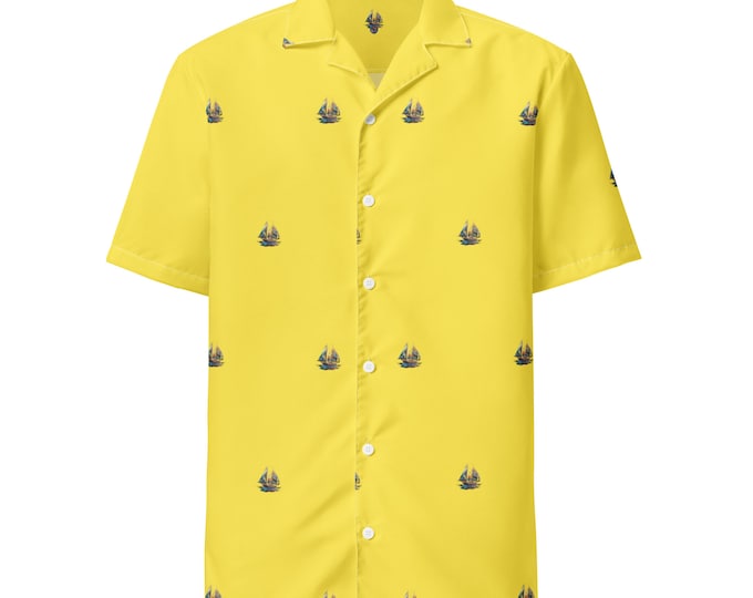 Funky Tiger® Going Sailing Hawaiian Shirt in Yellow, Hawaiian Shirt With Sailboat Motif | For Men | Beach | Party | Casual Button Up |Yellow