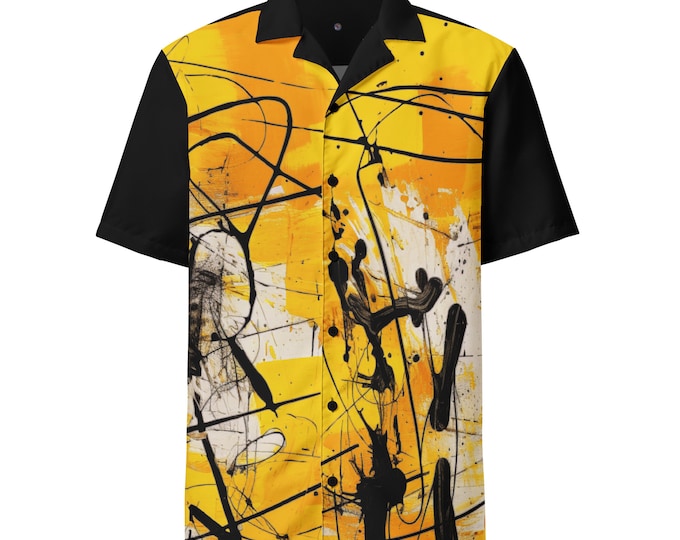 Funky Tiger® Abstract Yellow Summer Button Down Shirt for Men | Short Sleeve Shirt | Casual Button Down | Summer | Vacation | Beach
