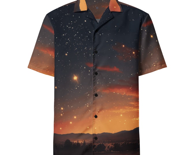 Funky Tiger® Gold Shooting Stars Button Down Shirt, Short Sleeve, Night Sky, Cosmic, For Men, Casual, Vacation, Beach
