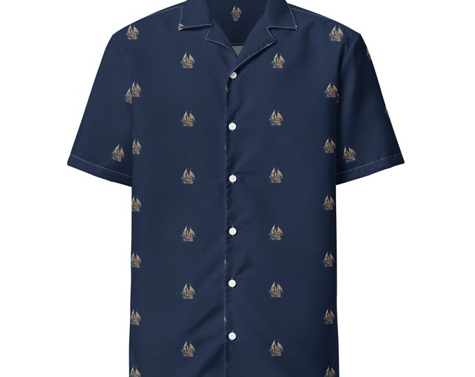 Funky Tiger® Going Sailing Hawaiian Shirt in Navy, Hawaiian Shirt With Sailboat Motif | For Men | Everyday| Beach | Party | Casual Button Up
