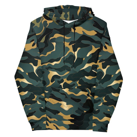 Funky Tiger Camouflage Hoodie in Dark Green and Gold For Game Day Gaming Party Event Tailgate Everyday Dark Green and Gold Fall