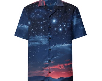Funky Tiger® Blue Shooting Stars Button Down Shirt for Men | Short Sleeve Shirt | Casual Button Down | Summer | Vacation | Beach