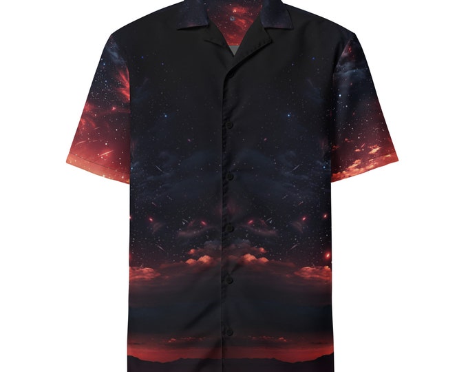 Funky Tiger® Red Shooting Stars Button Down Shirt, Short Sleeve, Night Sky, Cosmic, For Men, Casual, Vacation, Beach