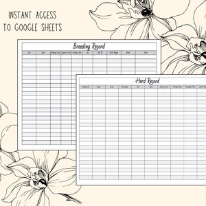 Puede incluir: Plantillas imprimibles de Google Sheets para registros de cría y rebaño. Las plantillas presentan un diseño floral e incluyen encabezados para "Breeding Record" y "Herd Record".