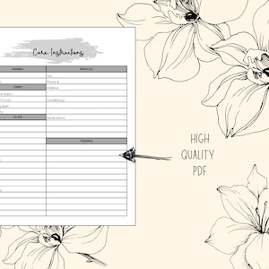 以下が含まれることがあります： ペットまたは動物の世話の指示の印刷可能なチェックリスト。チェックリストには、動物の情報、医療上のニーズ、温度、給餌、およびやるべきことのリストに関するセクションが含まれています。ドキュメントには「ケアの指示」というラベルが付けられており、グレーの背景があります。