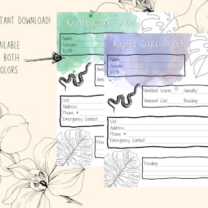 May include: Digital reptile care sheet with green and purple watercolour backgrounds. Includes sections for name, species, DOB, vet information, and feeding details. Features a snake illustration and floral accents.