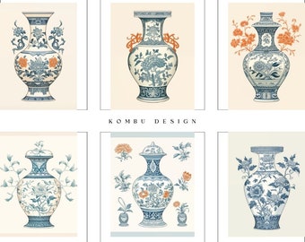 Op de afbeelding: Set van zes vintage-stijl illustraties met blauwe en witte porseleinen vazen met bloemmotieven. De vazen zijn versierd met delicate bloemmotieven en hebben een klassieke, elegante uitstraling. De illustraties zijn perfect om elke inrichting een vleugje traditionele stijl te geven.