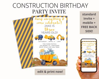 Construction Birthday Invitation Template | Instant Digital Download Editable | Dump Truck, Dump Everything, Excavator, Construction Crew