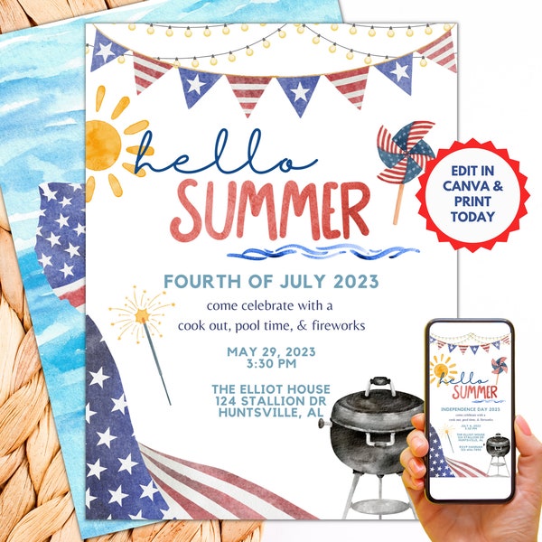 4th of July Invite - Editable Invitation Template - Instant Digital Download - Pool Party, Hello Summer, Cook Out, Fireworks, Independence