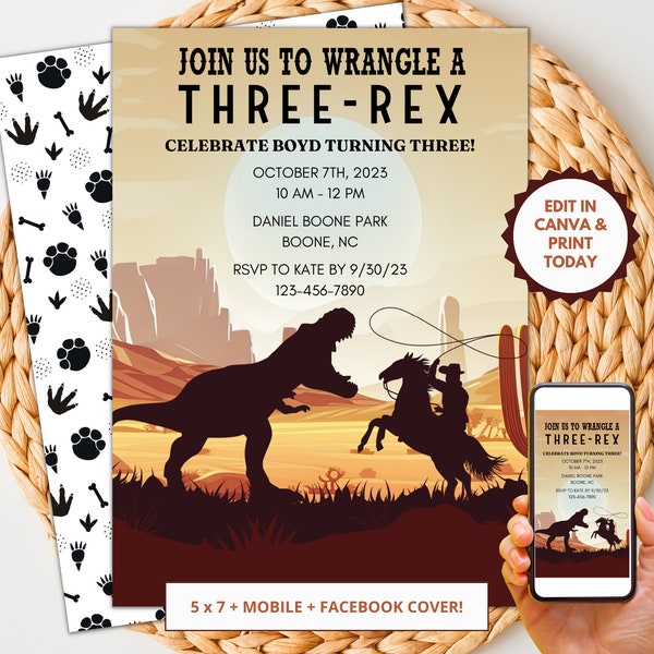 Three Rex Dino Western Birthday Invitation Template, Instant Digital Download Editable, Wrangle Dinosaurs Cowboy Invite, Facebook Cover