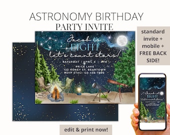 Astronomy Birthday Editable Invitation Template for Print or Digital | Outdoor Explorer, Stargazing, Planetarium Party, Stars, Space