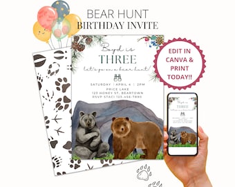 Bear Hunt Birthday Invitation Template | Instant Digital Download Editable | Outdoor Explorer, Going on a Bear Hunt, Hiking, In the Woods