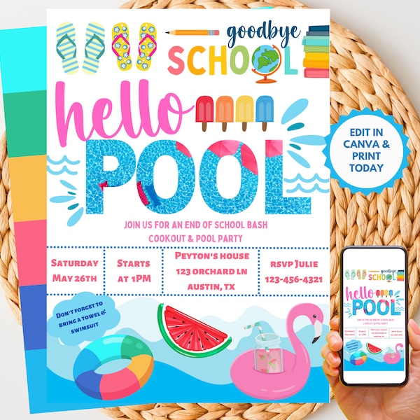 Summer Pool Party Invite - Editable Invitation Template - Instant Digital Download - End of School Party, Graduation Party, Kick off Summer