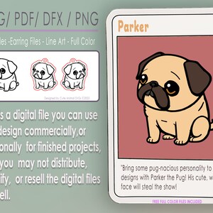 Pug lindo animal SVG Pendientes Descargar dxf joyería pegatina PDF Glowforge Cricut archivo Cut PNG T-Shirt color