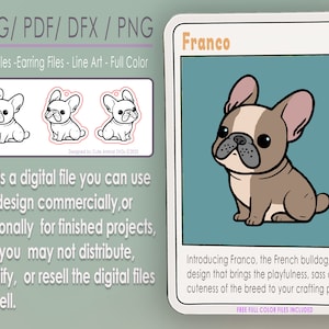 Buldog francuski słodkie zwierzę SVG Kolczyki Pobierz DXF naklejka na biżuterię PDF Glowforge Cricut Wytnij plik PNG T-shirt kolor frenchie