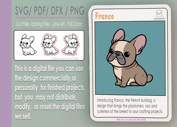 French Bulldog cute animal SVG Earrings Download dxf jewelry sticker PDF Glowforge Cricut Cut file PNG T-Shirt color frenchie