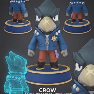 May include: A 3D-printed Crow figurine from Brawl Stars, dressed in a blue jacket and orange trousers, with a sheriff's badge. The figure stands on a blue platform with gold edging. The image also shows a wireframe model and the text "CROW BRAWL STARS 3D PRINTING MODEL".