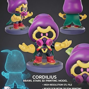 May include: A 3D-printed Cordilius figure from Brawl Stars, featuring a purple head, yellow accents, and a green cape. The figure is on a round base with the text "CORDILIUS BRAWL STARS 3D PRINTING MODEL".