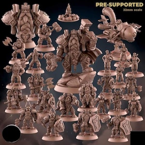 May include: A selection of 3D-printed miniature figures, including dwarves, soldiers, and a spaceship. The figures are in various poses, some holding weapons. The text "PRE-SUPPORTED 32mm scale" is visible at the top.