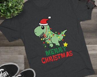 Merry Christmas Holiday Dinosaur shirt holidayshirt gift for him funny shirt for holiday season TREX tyrannosaurus christmas lights tshirt