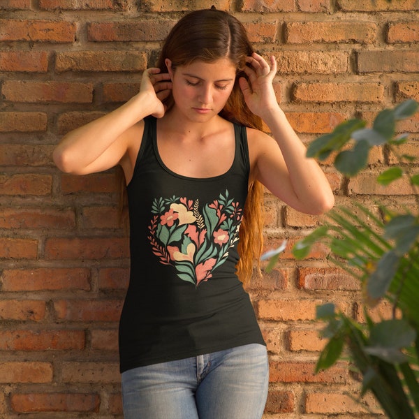 Cottage Core Women's tank Floral Heart Design Ladies shirt  Nature-Inspired Garden-Themed Womens Vintage Botanical Shirt Women's Racerback