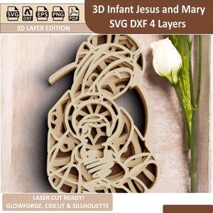 File di taglio SVG DXF di Gesù Bambino e Maria in 3D - Modello di carta a 4 strati per decorazioni religiose e fai da te per la casa