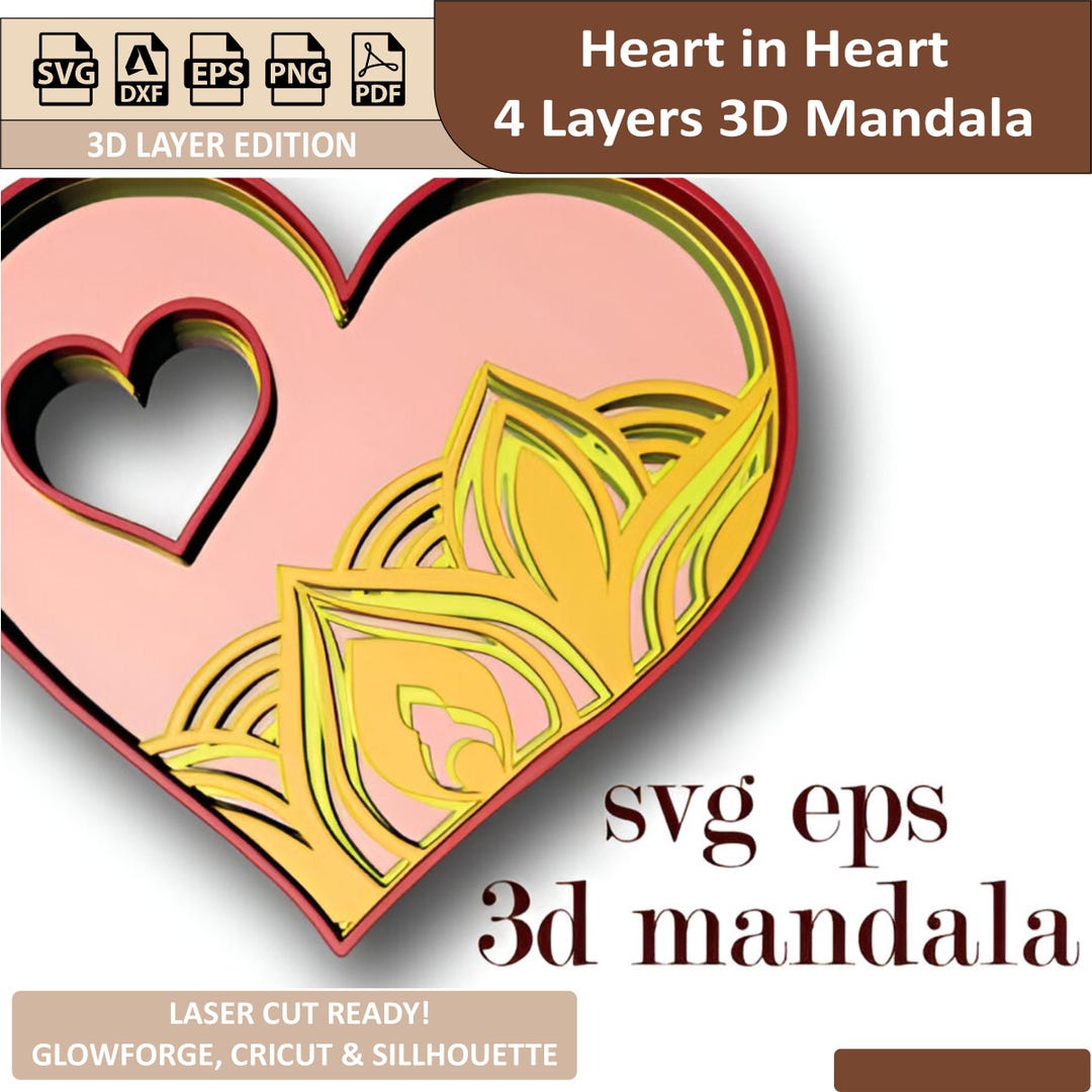 3D Mandala Laser Cut File Heart in Heart 4 Layers | SVG DXF CNC Vector ...