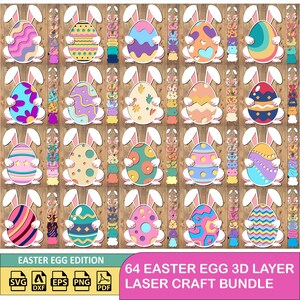 Méga lot d'oeufs de Pâques 3D SVG | Créations laser et fichiers vectoriels silhouette pour Joyeuses Pâques
