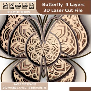 Fichier papillon 3D découpé au laser, modèle SVG 4 couches pour créations artisanales en papier, bricolage Shadow Box et conception de fabrication de cartes