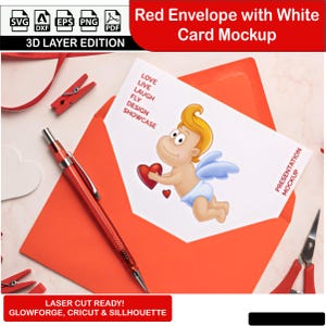 Enveloppe rouge avec maquette en carton blanc pour invitations, cartes de voeux, articles de papeterie de mariage et modèles de conception numérique