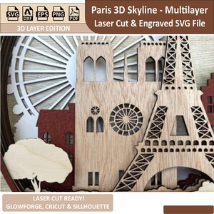 Paris 3D Skyline SVG File - Multilayer Laser Cut & Engraved City Wall Art Template for Cricut Silhouette
