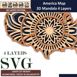 3D-kaart met mandala's lasergesneden kaart van Amerika – 4 laags gedetailleerde muurkunst voor doe-het-zelvers en huisdecoratie