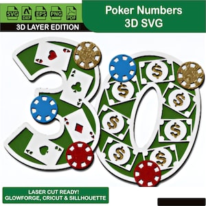 Poker Numbers 3D SVG-bestanden knippen voor Cricut & Silhouette, pokerkaart digitaal ontwerp, decor casinofeest, instant download, snijsjabloon