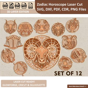Pliki wycinane laserowo zodiaku | Grafika horoskopu, pliki SVG horoskopu zodiaku dla Cricut i Silhouette, wielowarstwowy projekt 3D zodiaku dla Glowforge